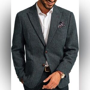 NWT- PJ PAUL JONES Mens 2 Button Herringbone Wool Blend Blazer w/ Pocket Square